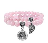 Farfume Chakra Bracelets for Women - Crystals Bracelet Women Natural Gemstones Yoga Reiki Bangle- A Set of Double Bracelets（Pink Rose Quartz & LifeTree（Medium）