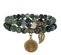 Farfume Chakra Bracelets for Women, Green Moss Agate & LifeTree (Small)