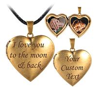 Farfume Locket Necklace For Women, Silver Heart Personalized Photo lockets, Engraved Text Hold Two Photos Necklace, Mothers Day Gifts (7B Glossy-Bronze Custom)