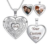 Farfume Locket Necklace,Stocking Stuffers for Women,Silver Heart Personalized Photo lockets, Mothers Day Gifts for Mum from daughter, Valentines for Boyfriend Girlfriend (4A Floral-Silver Custom)