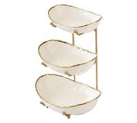 FARGIK Fruit Bowl, 3-Tier Large Ceramic Fruit Basket with Metal Stand Tiered Decorative Space Saver Fresh Fruit Serving Bowls for Kitchen Countertop Tabletop Parties Display (Gold 3-Layer)
