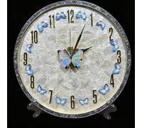 FARIDRUN Blue butterfly wall clock. Battery-operated 12-inch round glass silent wall clock with luxurious mother-of-pearl art decoration, modern home and office decor.