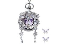 FARIDRUN Butterfly Pocket Watch Pendant, Silver, Internal Rotating Specimen, with Roman Numerals, Unique Vintage Insect Jewelry Gift, Women's Pendant (with a Pair of Earrings)(Purple1)