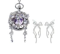 FARIDRUN Butterfly Pocket Watch Pendant, Silver, Internal Rotating Specimen, with Roman Numerals, Unique Vintage Insect Jewelry Gift, Women's Pendant (with a Pair of Earrings)(Purple4)