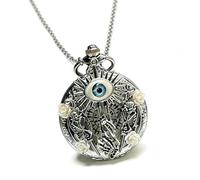FARIDRUN Gothic All-Seeing Eye Pocket Watch Necklace, Vintage Skeleton & White Rose Steampunk Pendant for Men Women, Antique Quartz with Chain for Cosplay & Gift