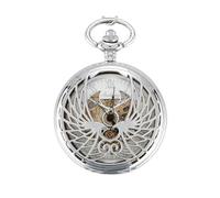 FARIDRUN Men's and Women's Vintage Pocket Watch, Mechanical Skeleton Eagle Wings, Double-Layer Transparent Case, Roman Numerals, Comes with Chain Gift Box(Silver)