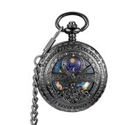 FARIDRUN Men's Mechanical Pocket Watch with Roman Numeral dial and Day-Night Skeleton Design, Comes with a Box and Chain, Suitable for Both Men and Women, Available in Black, Gold, and Silver(Black)