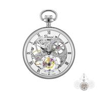 FARIDRUN Men's Pocket Watch Open-Face Skull Pocket Watch 17 Diamond Mechanical Chrome-Plated Case Stainless Steel Skeleton Watch Full Hunter Stainless Steel Chain(Silver)