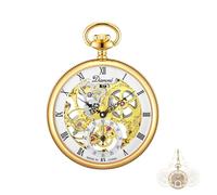 FARIDRUN Men's Pocket Watch Open-Face Skull Pocket Watch 17 Diamond Mechanical Chrome-Plated Case Stainless Steel Skeleton Watch Full Hunter Stainless Steel Chain(Gold)