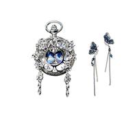 FARIDRUN Retro Silver Pocket Watch and Blue Crystal Butterfly Earrings Set for Women, Dangle Earring Jewelry, Mother's Day and Valentine's Day Gift(Blue5)