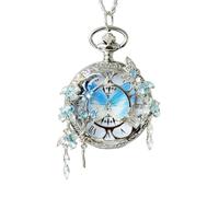 FARIDRUN Vintage Butterfly Pocket Watch Necklace, Silver Engraved Pendant Watch, Roman Numeral Quartz Pocket Watch for Women, Jewelry Gift for Cosplay, Anniversary(Blue)