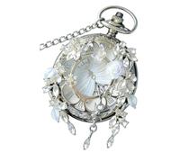 FARIDRUN Vintage Crystal Floral Pocket Watch, Silver Engraved Hollow Mechanical Watch with Chain, Luxury Butterfly & Rose Pendant Watch for Wedding