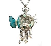 FARIDRUN Vintage Steampunk Pocket Watch Necklace, Teal Butterfly Evil Eye Pendant with Tassel Pearls, Antique Quartz Chain, Gothic Fantasy Jewelry Gift for Women Girls