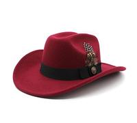 Faringoto Ladies Men's Wool Felt Fedora with Feather Band Classic Wide Brim Gentleman Ladies Jazz Hat WineRed
