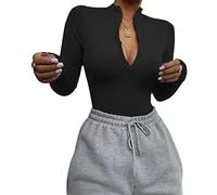 Faringoto Solid Zipper Bodycon Bodysuits Women Sexy Mock Neck Long Sleeve