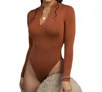 Faringoto Zip Bodysuit Women Long Sleeve Mock Neck Leotards Basic Tops Thong