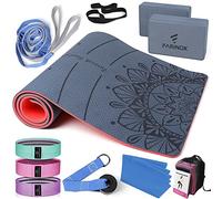 FARINOK 1/3 Yoga Mat Thick, Yoga Kit and Sets for Beginners Include High Density Yoga Mat with Multi-Loops Yoga Strap, Yoga Blocks, Booty Resistance Band Set & Door Anchor (9MM, Blue&RED)