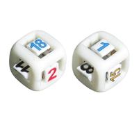 Farkle - Dream Dice Version. The Game is Played As Regular Farkle with Different Scoring Combinations. Set of Two Patent Dice with Numbers 1 to 18 On Each One of Them.