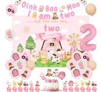 Farm 2nd Birthday Decorations for Girl - Oink Baa Moo Im Two Backdrop, Banner, Farm Animal Cake Topper, Cupcake Toppers, Balloons, Pink Farm Moo Moo I Am Two Barnyard Birthday Party Supplies
