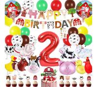 Farm Animal 2nd Party Decorations - Animals Decoration Balloons Walking Dog Duck Chicken Horse Number 2 Foil Balloon Cake Toppers, Happy Birthday Banner for Kids 2 Year Old Birthday Party