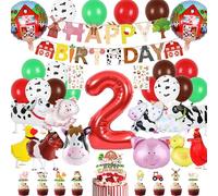 Farm Animal 2nd Party Decorations - Happy Birthday Banner Animals Decoration Balloons Walking Dog Duck Chicken Horse, Number 2 Foil Balloon Cake Toppers for 2-Year-Old Kids Birthday Party