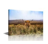 Farm Animal Art Decor Canvas Framed Animal Close-up Art Prints Wall Art Large Size Highland Cattle Posters and Prints Decor Bathroom Farmhouse Wall Decoration Ready to Hang 36x24in