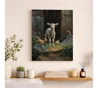Farm Animal Canvas Wall Art, Green Brown Sheep and Chicken Poster Prints, Spring Nature Decor for Living Room, Bedroom, Kitchen, Wrapped Canvas 16x20 Inch