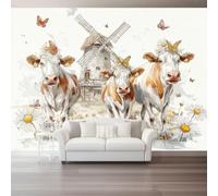 Farm Animal Cow Flower Daisy Print Panoramic Wallpaper | Cottage Country Style Peel and Stick Wallpaper, 200x140cm (W x H) for Living Room Background Decoration, Grey