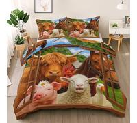 Farm Animal Duvet Cover Queen Size, Blue Sky Green Plant Quilt Cover Set, Pastoral Style 3 pcs Bedding Set with 8 Corner Ties and 2 Pillowcases, Abstract Art Quilt Cover Wrinkle-free