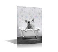 Farm Animal Pig Wall Art Funny Pink Pig in Bathtub on Wood Board Canvas Abstract Painting Modern Artwork Framed Ready to Hang for Bathroom Home Living Room Décor, 24x16in