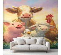 Farm Animal Wallpaper, Highland Cow Pig Rooster Wall Mural, Wallpaper for Living Room Bedroom, Home Decor, Photo Wall Paper, 450 x 315 cm XXO-1