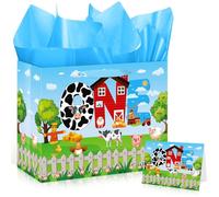 Farm Animals 1st Birthday Decorations Farmhouse Barnyard First Birthday Gift Bag with Tissue Papers Card One Birthday Wrapping Paper Bag for Kids Newborn 1st Birthday Baby Shower Christmas Party