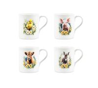 Farm Animals & Flowers Mug Set - Creatures Great & Small Wildlife Nature Themed Gift/Present - Small Bone China White Coffee/Tea Present Gift Set of 4 Mugs