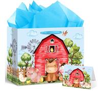 Farm Animals Theme Birthday Gift Bag for Boys Baby Shower Blue Farmhouse Barnyard Gift Bag Wrapping Paper Card Large Cows Pigs Gifts Bag for Baby Shower Farm Birthday Party Favors Supplies