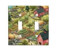 Farm Bathroom Double Light Switch Cover Plate, Rustic Countryside Trees Horses Summer Green Plastic Standard Size Wall Switch Plates Accents for Home Living Room Bedroom Apartment Decor