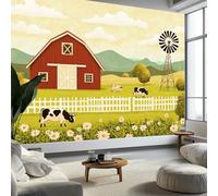 Farm Buildings Animals Panoramic Wall Mural, Custom Photo Wallpaper - Rustic Style Non-Woven Premium Fleece Large Wall Mural W350 x H256 cm for Living Room Bedroom Home Decoration