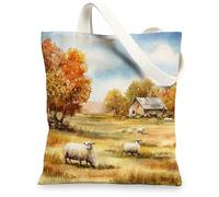 Farm Canvas Tote Bags, Country Landscape Pattern Reusable Grocery Bags, Rustic Lightweight Washable Shoulder Strap Canvas B, Multicolor, 13x15 Inch