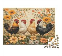 Farm Chicken Art-Rustic Garden Illustration Jigsaw Puzzles 1000 Pieces in Thick Cardboard Jigsaws Floral Chickens with Mindfulness Puzzles for Brain Teasers for Adults As Birthday Gifts for Women/Me