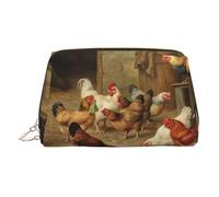 Farm Chickens Print Premium Leather Toiletry Travel Pouch with Waterproof Portable Pouch Open Flat Makeup Bag