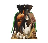 Farm Chickens -Print Reusable Burlap Pouches - Rustic Wedding Favor Bags For Celebrations, Personalized Drawstring Bags Kraft Tag.