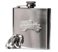 Farm Cottage Brands 6oz Oblong Stainless Steel Hip Flask with Funnel in a Presentation Box - with a pewterware Motif of a Land Series 3 Rover