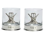 Farm Cottage Brands Lead Free pewterware Mounted 12oz Whisky Glass Tumbler with a Cricket Set Emblem of Bats, Ball and wickets in a Presentation Box of 1 or 2 Glasses (2)