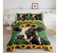 Farm Cow Comforter Set Single Size 2 Pcs,Vintage Yellow Sunflowers Decor Bedding Sets for Kids Teens Adults,Green Wooden Stripes Wild Butterfly Rustic Style Quilted Comforter with 1 Pillowcase
