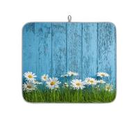 Farm Daisy Floral On Blue Wood Board Dish Drying Mat for Kitchen Counter,Absorbent Dishes Drainer Mats Washable Dish Drying Pad for Worktop Draining Racks,46x41cm