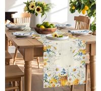 Farm Flowers Daisy Eucalyptus Leaves Table Runner 120 Inches Long, Retro Bees Honey Washable Table Runners Heat-Insulation Kitchen Dining Table Decorations for Home Party Decor 13x120in
