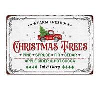 Farm Fresh Christmas Trees Red Truck Painting Metal Tin Sign Christmas Theme Vintage Retro Poster For Kitchen Cafe Bar Farmhouse Home Wall Decor Art Winter Decoration Plaque 8X12 Inch