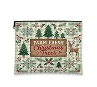 Farm Fresh Christmas Trees Seasonal Theme Tree Makeup Bag 7x9 Inch | Rustic Wooden Sign Graphic, Cosmetic Bag, Pine Forest Scenery, Winter Snowflake Pattern, Reindeer Accents