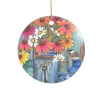 Farm Fresh Flowers Spring Printed Round Shape Xmas Ornaments 1PCS, Christmas Acrylic Pendant Hanging for Xmas Tree Home Indoor Outdoor Decor 1