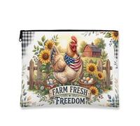 Farm Fresh Makeup Bag, Vintage Rustic Chicken Cosmetic Travel Pouch for Women, Portable Canvas Zipper Organizer, Spring Decor Gift, White, 7x9 Inch, Farm