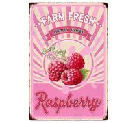 Farm Fresh Sweet Juicy Raspberry Vintage Metal Tin Sign Retro Fruit Poster Decorative Wall Art Signage Farmhouse Country Market Kitchen Bar Cafe Dining Room Home Decor 12" X 8"